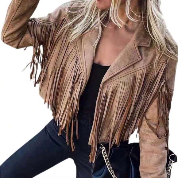 Jackets & Blazers - Fringe faux Suede Tan Jacket